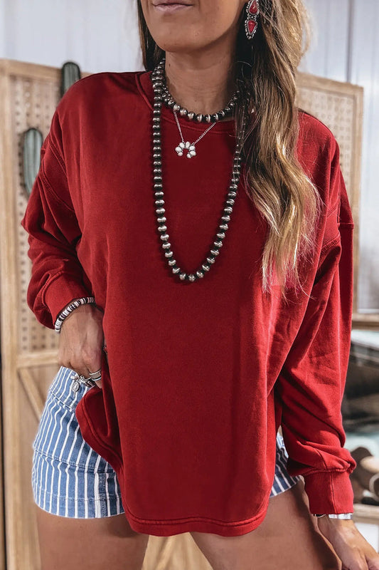 Ribbed Detail Drop Shoulder Cutout Back Sweatshirt – Racing Red