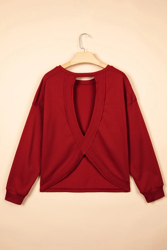 Ribbed Detail Drop Shoulder Cutout Back Sweatshirt – Racing Red