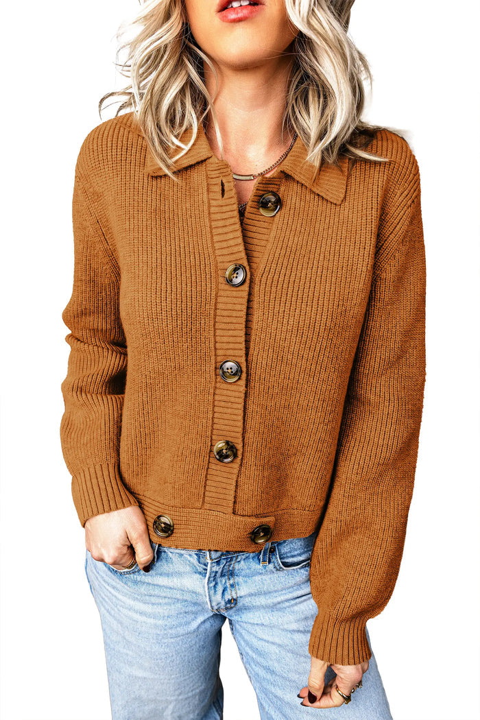 Ribbed Knit Collar Button Front Long Sleeve Cardigan – Mustard