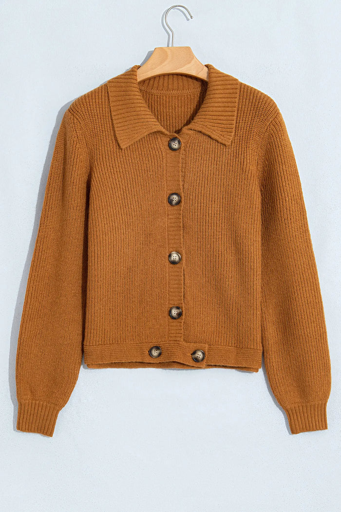 Ribbed Knit Collar Button Front Long Sleeve Cardigan – Mustard