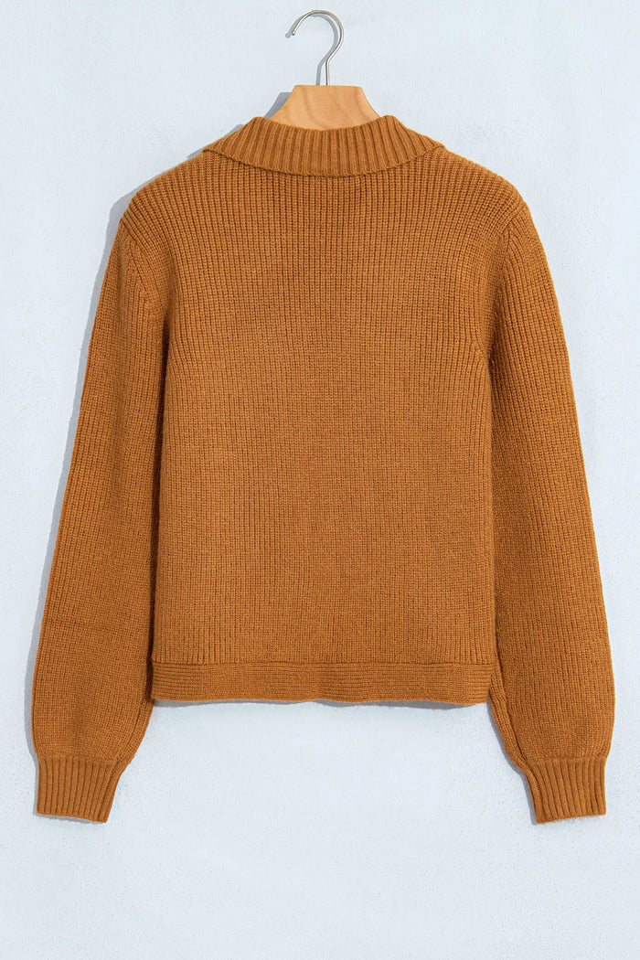Ribbed Knit Collar Button Front Long Sleeve Cardigan – Mustard