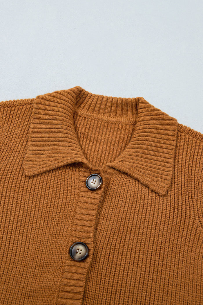 Ribbed Knit Collar Button Front Long Sleeve Cardigan – Mustard