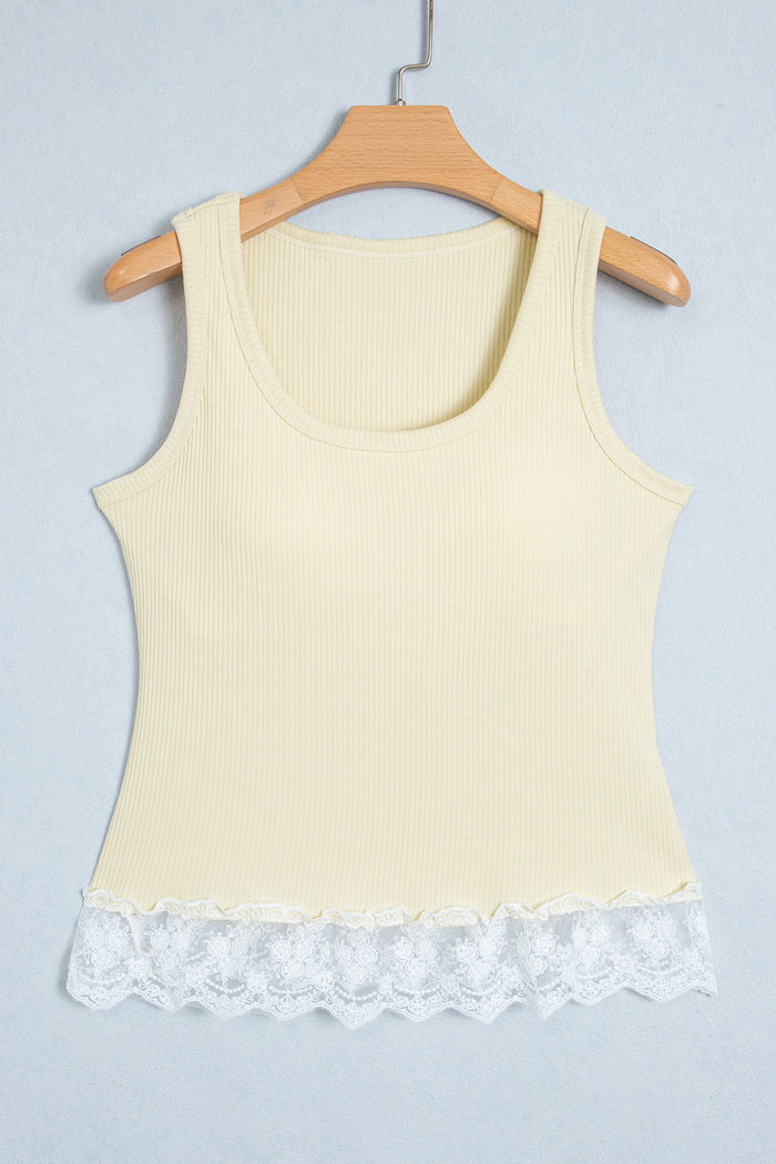 Ribbed Knit Sweet Lace Hem Vest – Beige
