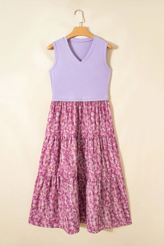 Ribbed V Neck Tank Floral Contrast Patchwork Long Dress – Purple