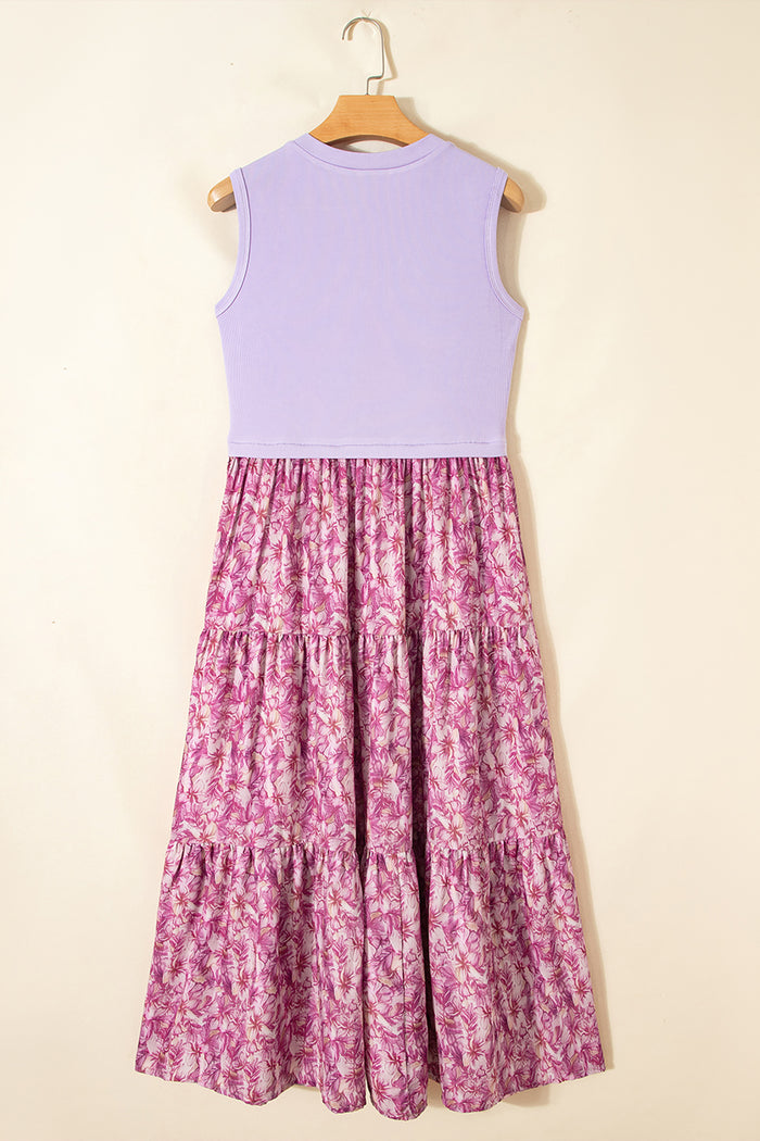 Ribbed V Neck Tank Floral Contrast Patchwork Long Dress – Purple