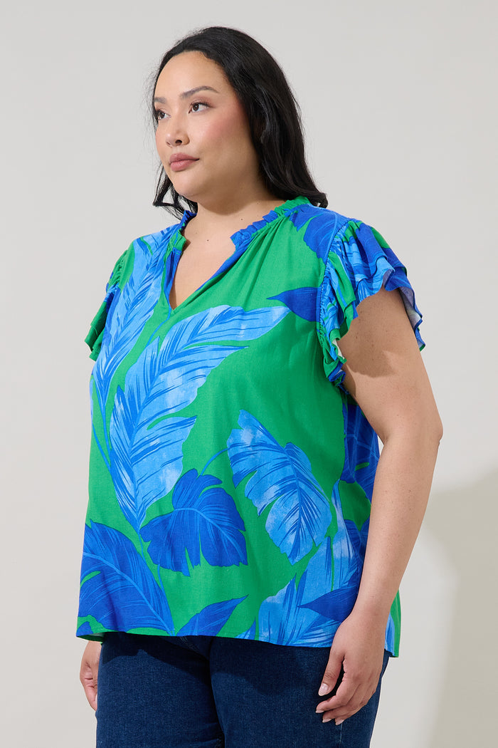 Risette Ruffle Split Neck Top Gresia Tropical Curve