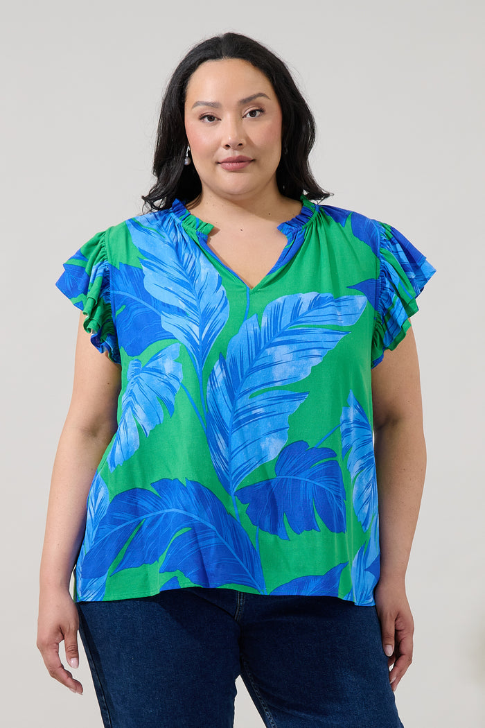 Risette Ruffle Split Neck Top Gresia Tropical Curve