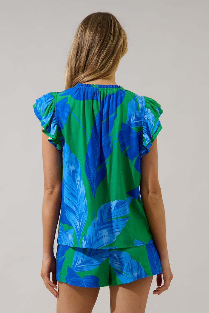 Risette Ruffle Split Neck Top Gresia Tropical