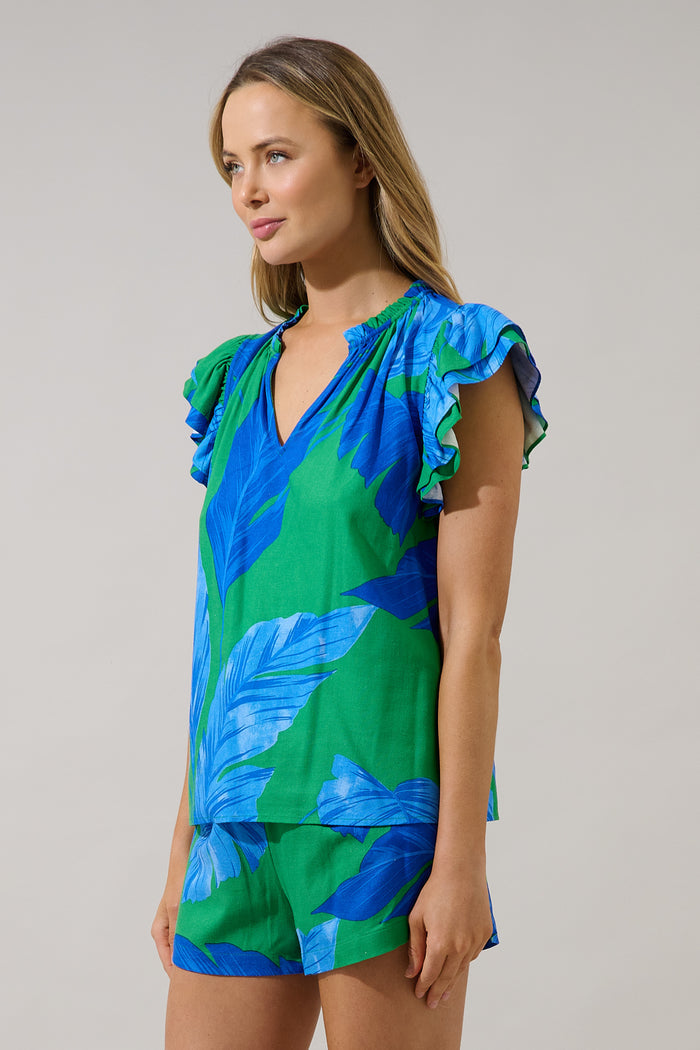 Risette Ruffle Split Neck Top Gresia Tropical
