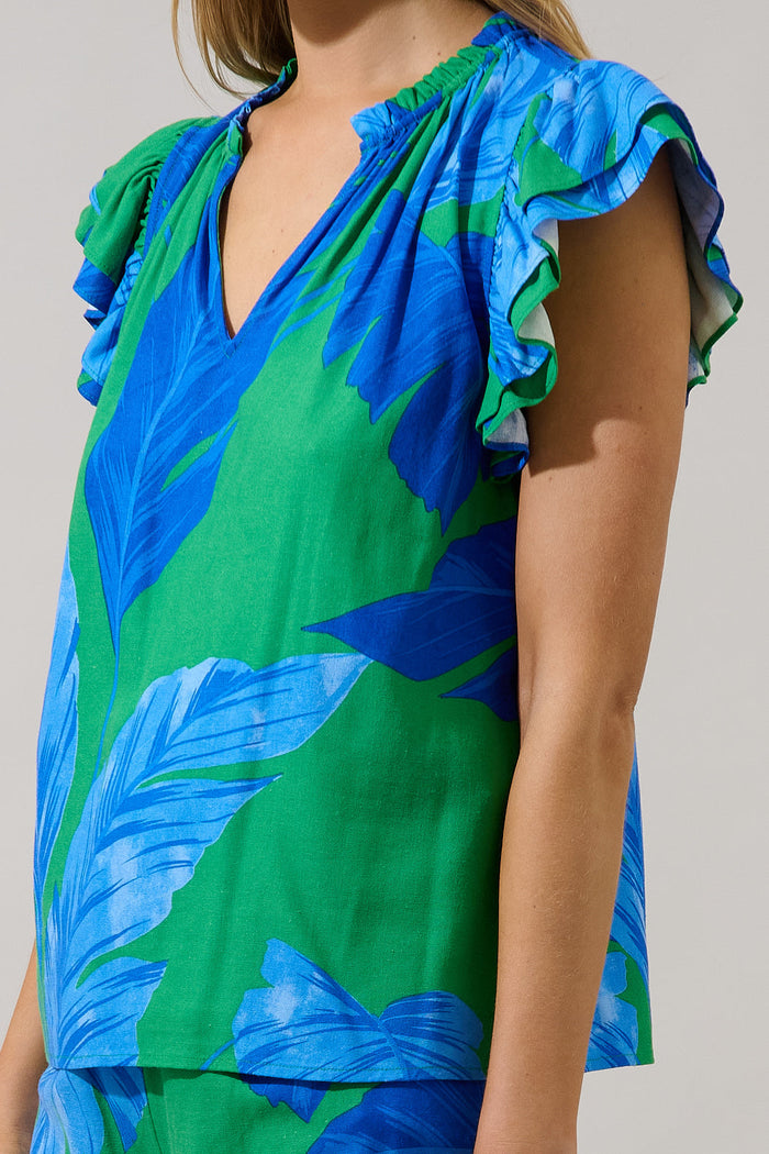 Risette Ruffle Split Neck Top Gresia Tropical