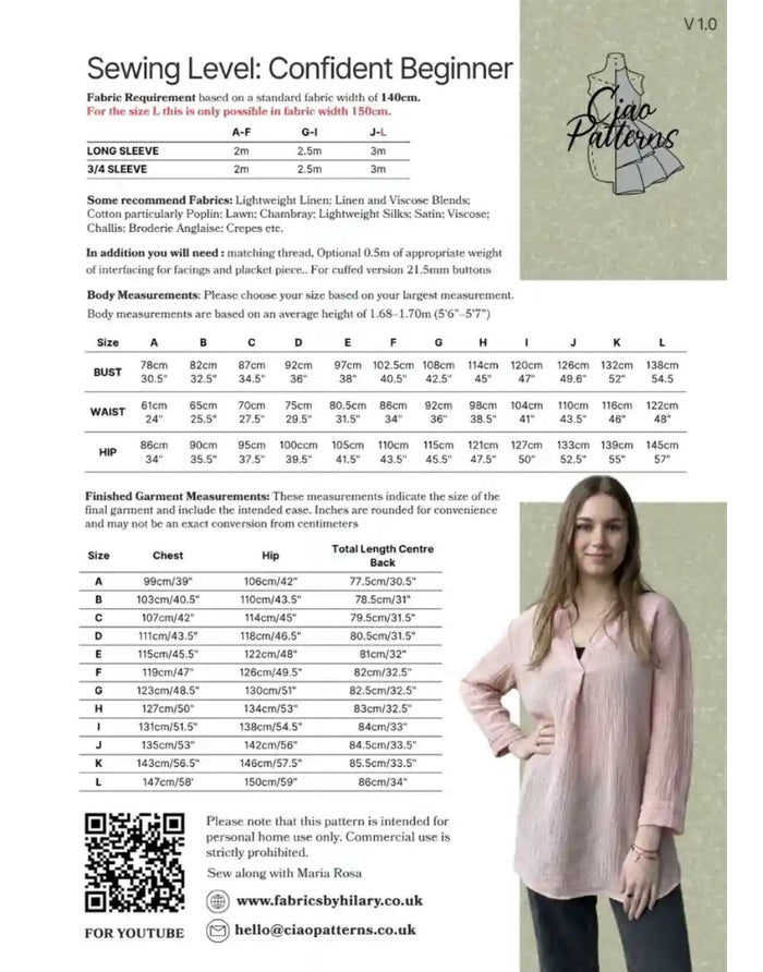 Rita Tunic Unisex Paper Sewing Pattern, Ciao Patterns