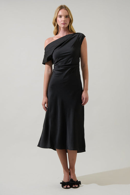 Rizzo Satin Off The Shoulder Midi Dress
