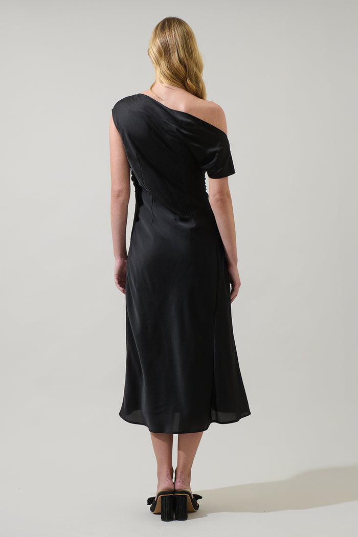 Rizzo Satin Off The Shoulder Midi Dress