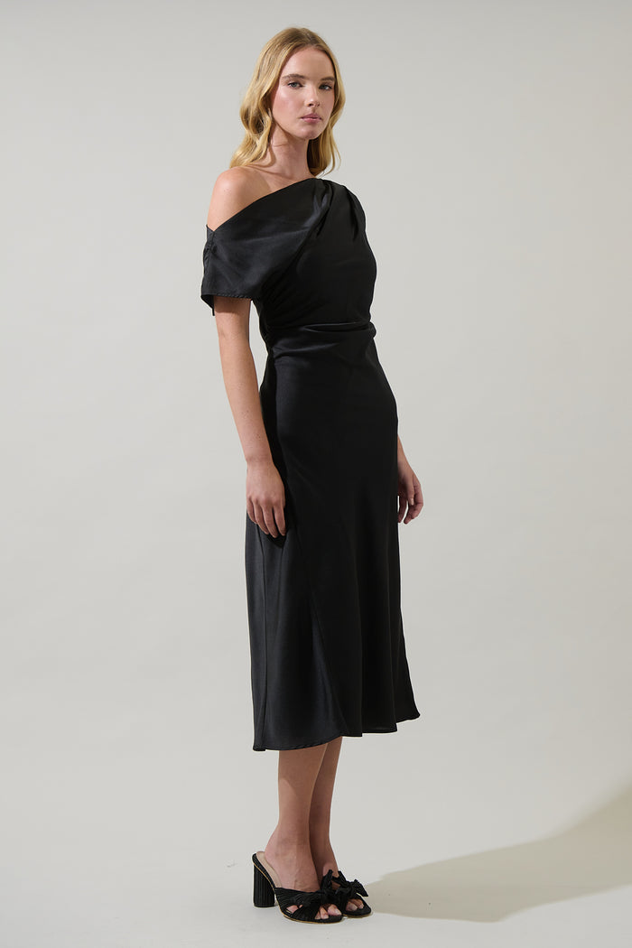 Rizzo Satin Off The Shoulder Midi Dress