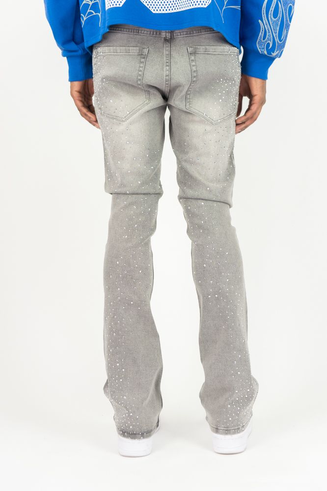 Gray Roar Denim Rhinestone Stacked Flare Denim jeans with rhinestone embellishments and a flared silhouette.