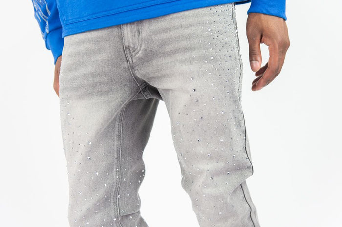 Roar Denim Rhinestone Stacked Flare Grey Denim jeans with rhinestone embellishments and layered flare design.
