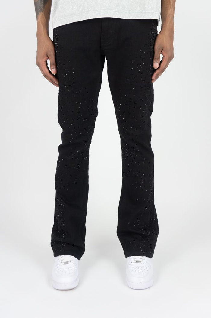 Roar Denim Rhinestone Stacked Flare Jeans in jet black, showcasing rhinestone embellishments and layered denim design.