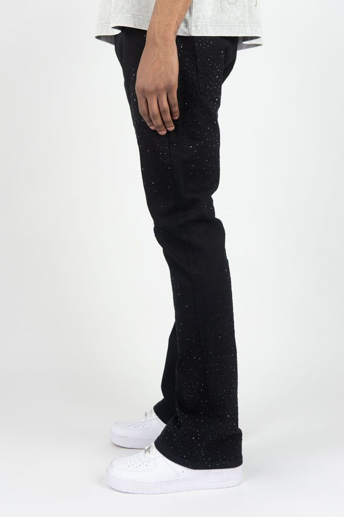 Black Roar Denim Rhinestone Stacked Flare Denim jeans with rhinestone embellishments and a high flare silhouette.
