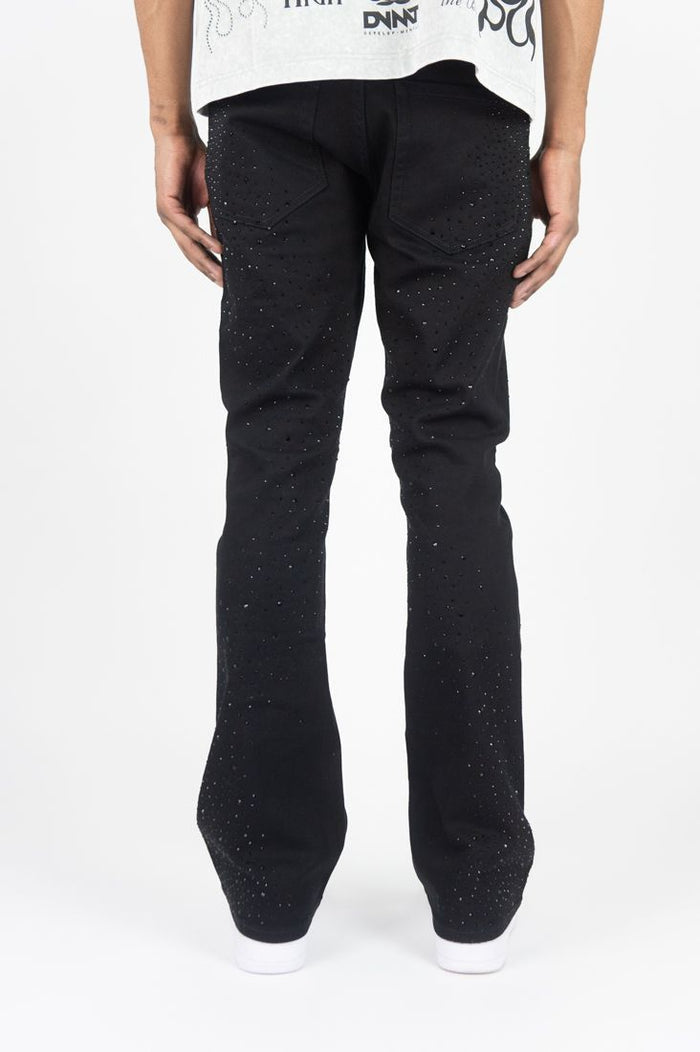 Roar Denim Rhinestone Stacked Flare Denim in jet black, showcasing layered flare design and rhinestone detailing.