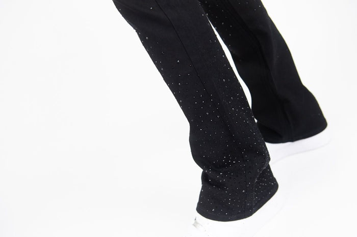 Jet black Roar Denim Rhinestone Stacked Flare Denim jeans with rhinestone details and stacked design, casual and stylish.
