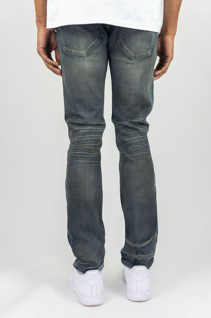 Roar Denim R&R slim straight denim jeans in dark vintage wash, showing front view with classic five-pocket design.