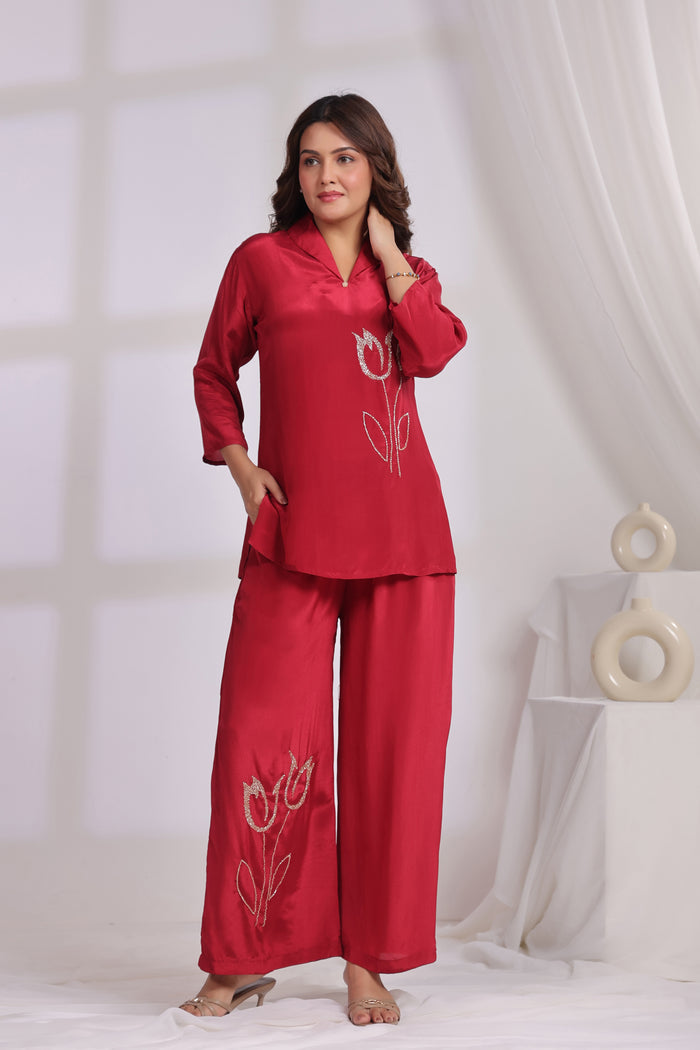 Ruby Red Tulip Embroidered Natural crepe Co-ord Set