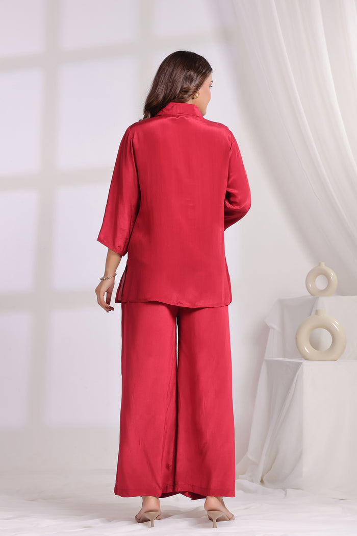 Ruby Red Tulip Embroidered Natural crepe Co-ord Set