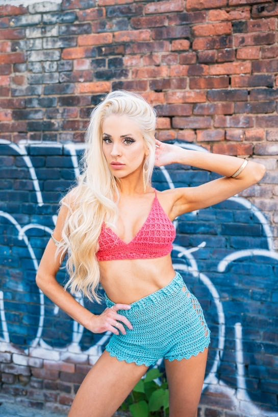 Ruchi's Handmade Crochet Punch Pink Waffle Stitch Bralette & Light Blue Shorts