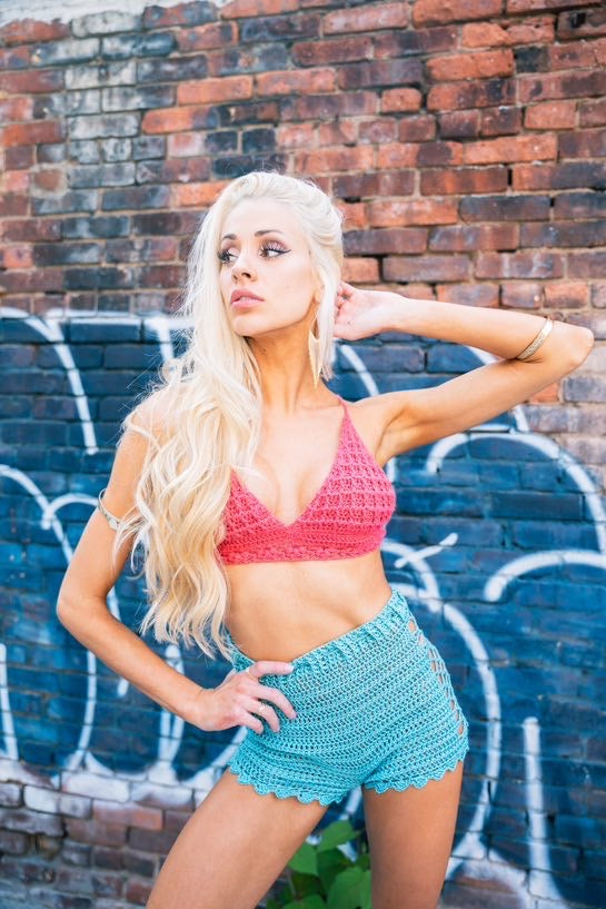 Ruchi's Handmade Crochet Punch Pink Waffle Stitch Bralette & Light Blue Shorts
