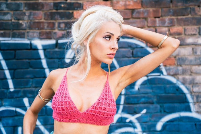 Ruchi's Handmade Crochet Punch Pink Waffle Stitch Bralette & Light Blue Shorts