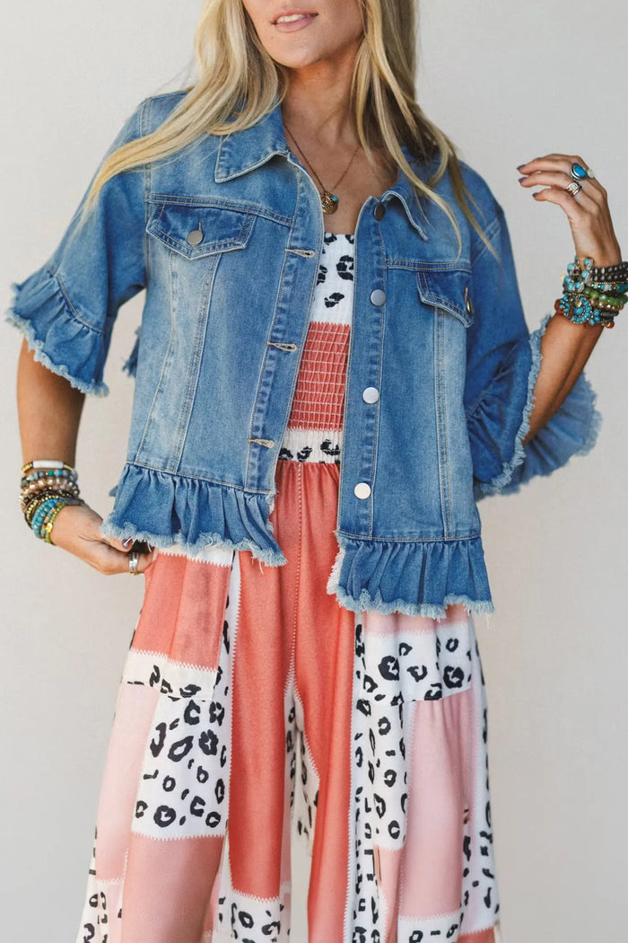 Ruffle Hem Raw Edge Half Sleeve Western Denim Jacket – Blue