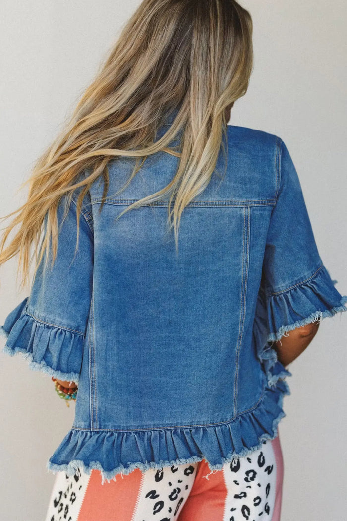 Ruffle Hem Raw Edge Half Sleeve Western Denim Jacket – Blue