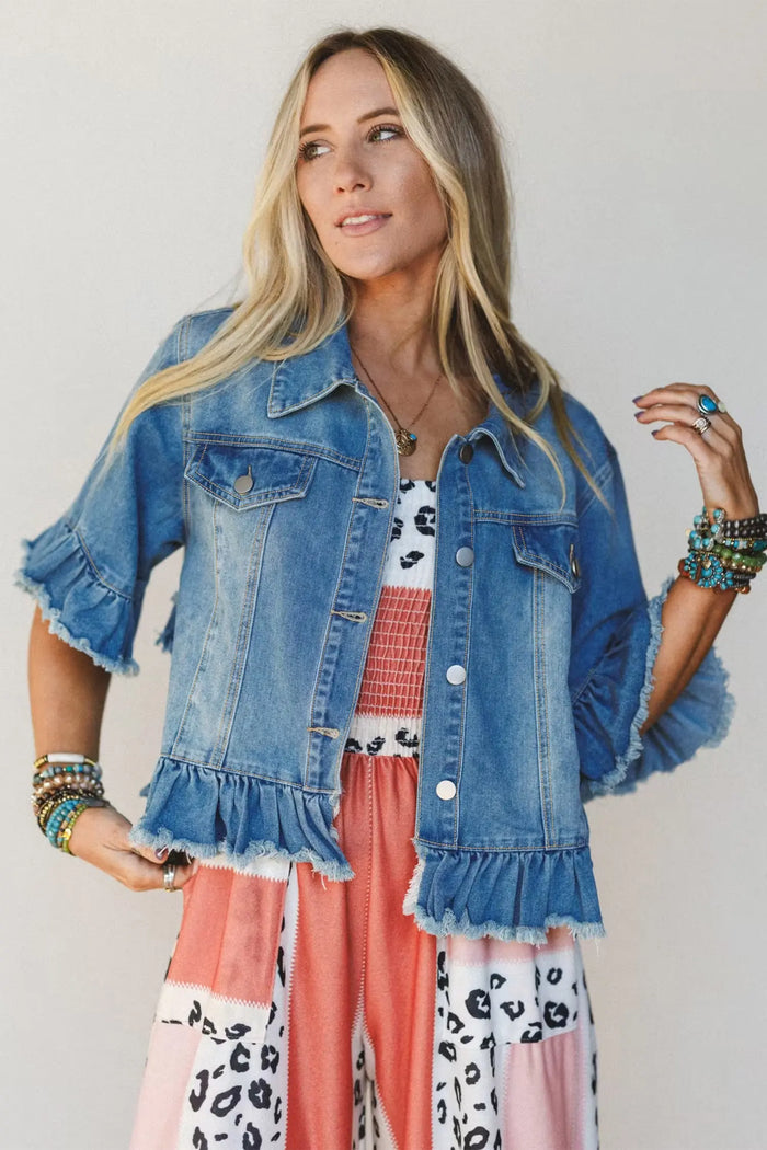 Ruffle Hem Raw Edge Half Sleeve Western Denim Jacket – Blue