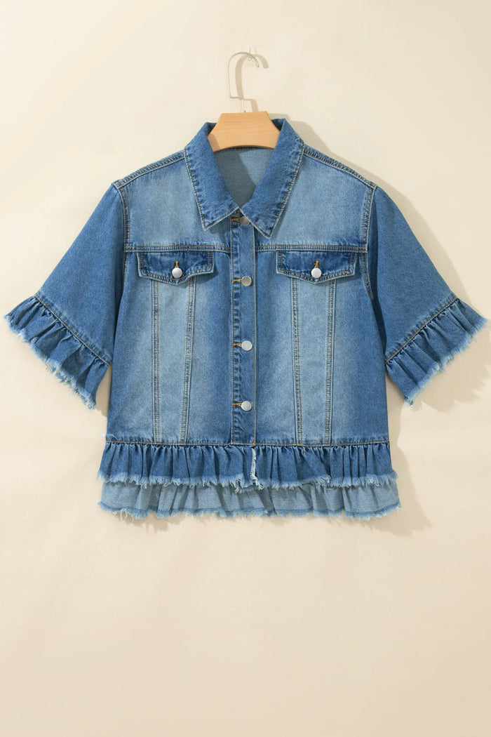 Ruffle Hem Raw Edge Half Sleeve Western Denim Jacket – Blue