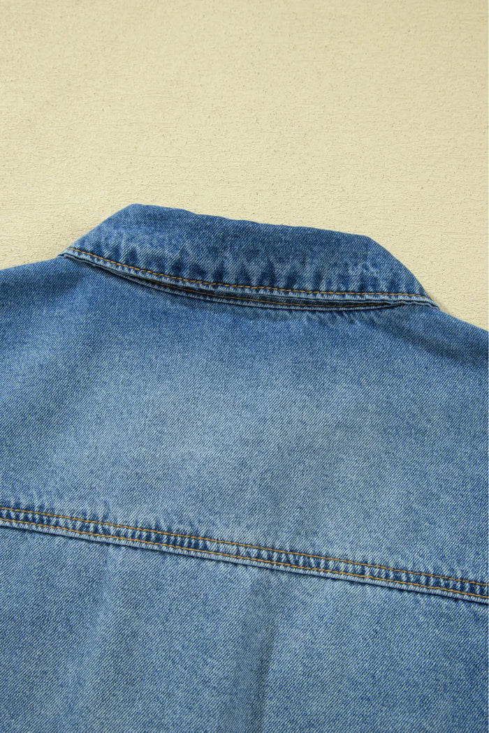 Ruffle Hem Raw Edge Half Sleeve Western Denim Jacket – Blue