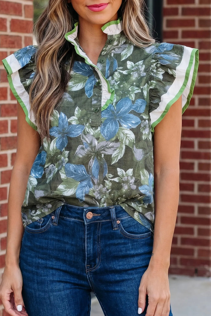 Ruffled Short Sleeve Floral Summer Blouse – Green