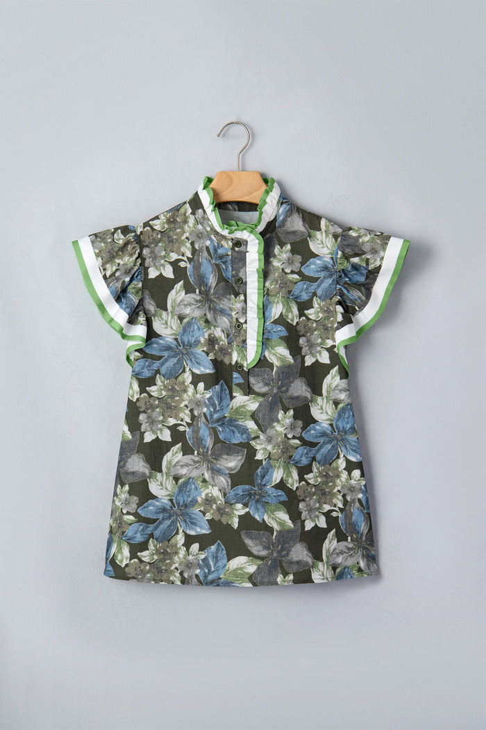 Ruffled Short Sleeve Floral Summer Blouse – Green