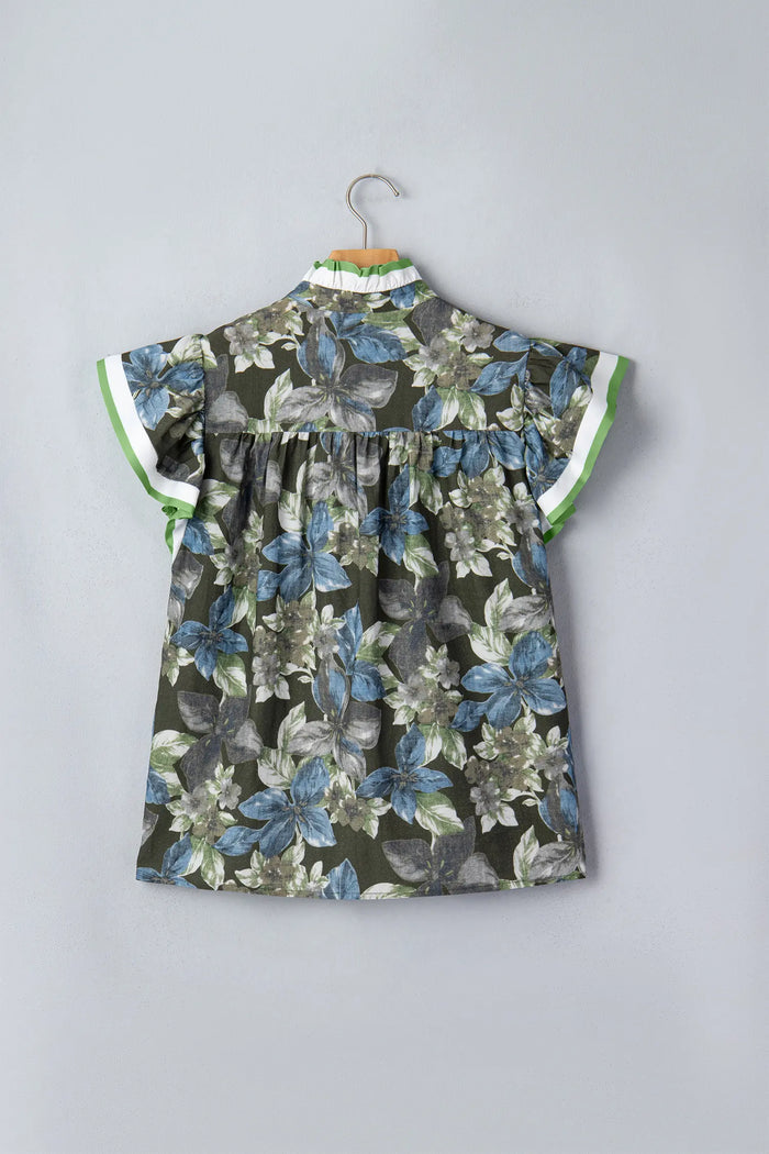 Ruffled Short Sleeve Floral Summer Blouse – Green