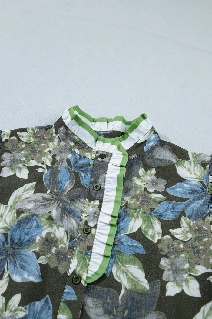 Ruffled Short Sleeve Floral Summer Blouse – Green