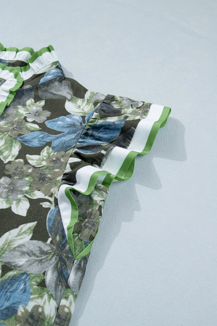 Ruffled Short Sleeve Floral Summer Blouse – Green
