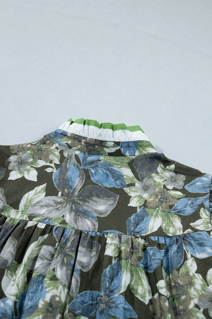 Ruffled Short Sleeve Floral Summer Blouse – Green