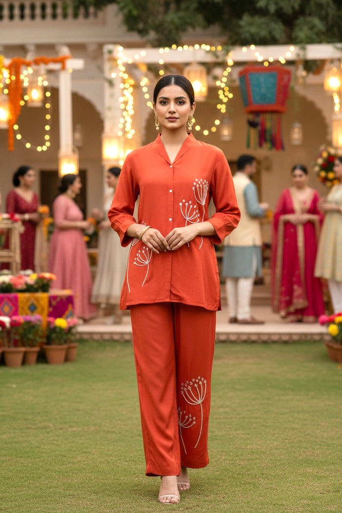 Rust Blossom Embroidered Russian Silk Co-ord Set