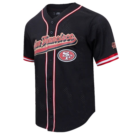 Black San Francisco 49ers script tail button-down shirt by Pro Standard, featuring team logo and classic design.