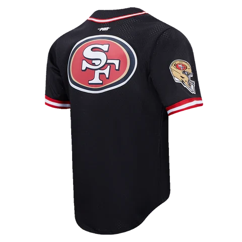 Black San Francisco 49ers 'Script Tail' button-down shirt by Pro Standard, featuring team logo and classic design.