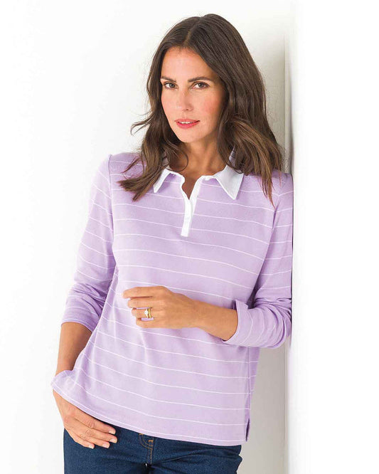 Sarah Striped Long Sleeve Cotton Polo Top - Lilac - Image 1 - The Classic Boutique