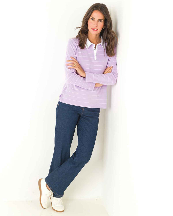 Sarah Striped Long Sleeve Cotton Polo Top - Lilac - Image 2 - The Classic Boutique