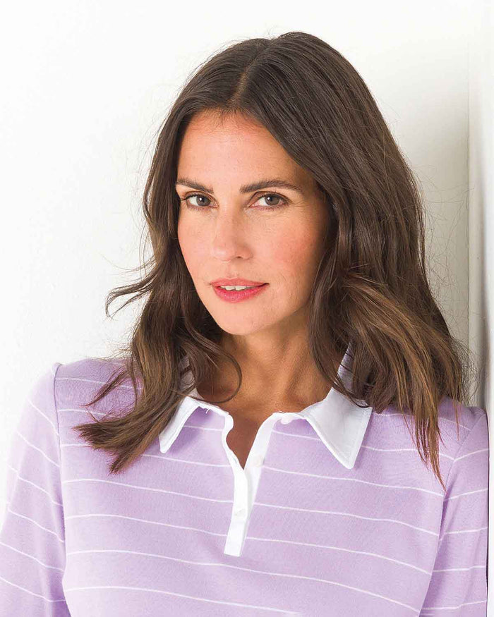 Sarah Striped Long Sleeve Cotton Polo Top - Lilac - Image 3 - The Classic Boutique