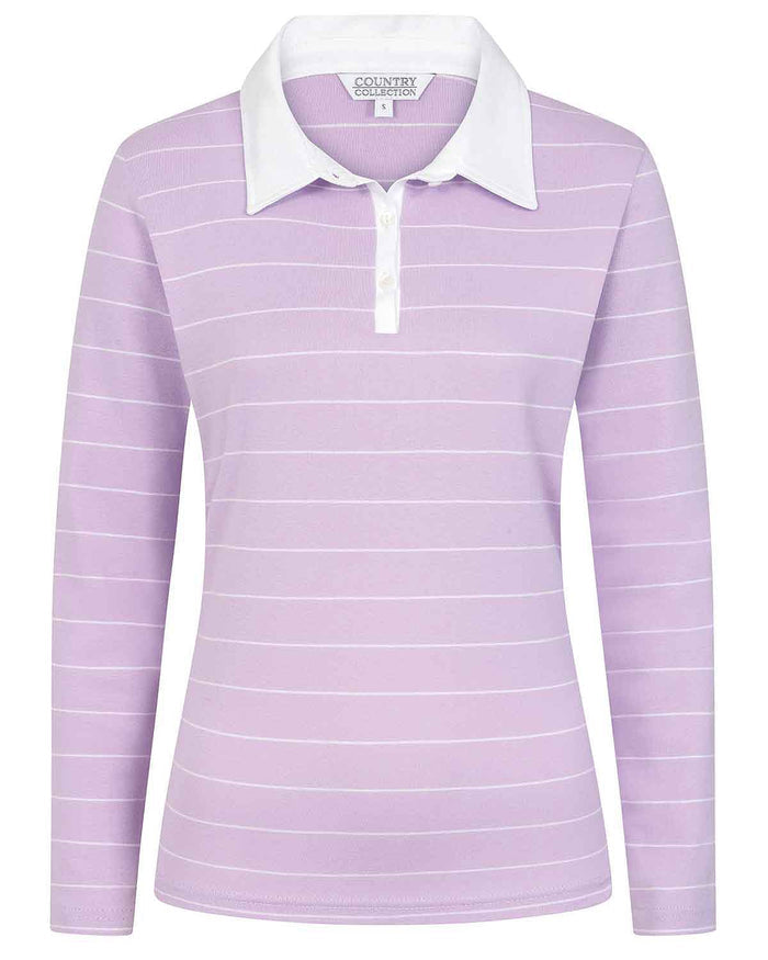 Sarah Striped Long Sleeve Cotton Polo Top - Lilac - Image 4 - The Classic Boutique