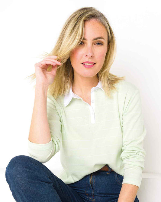 Sarah Striped Long Sleeve Cotton Polo Top - Mint - Image 1 - The Classic Boutique