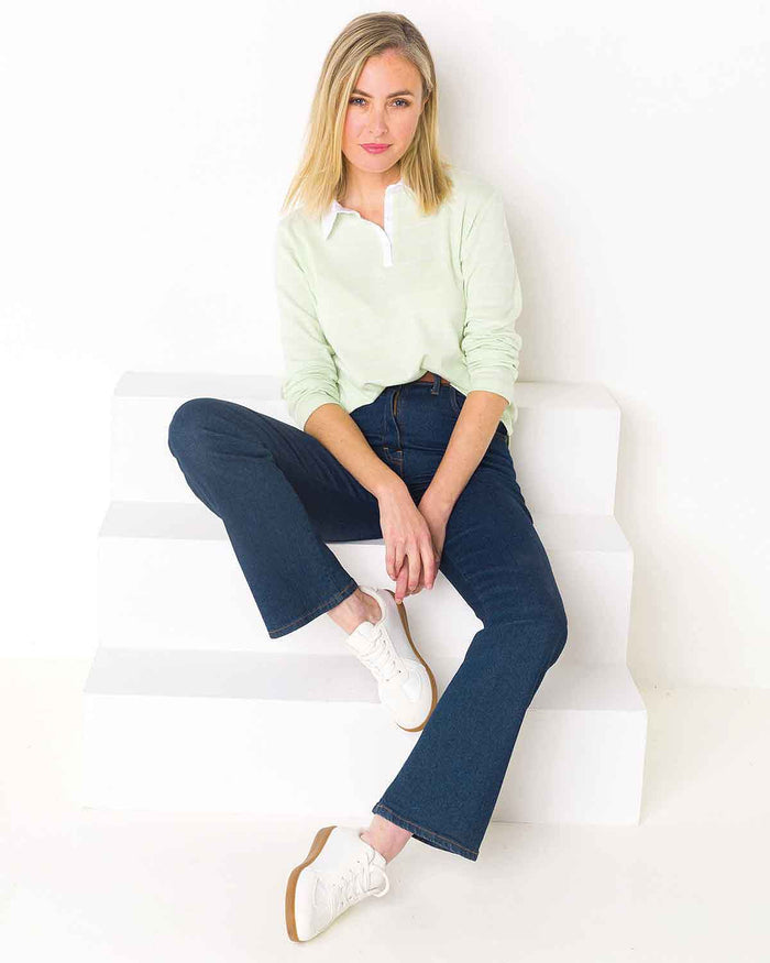 Sarah Striped Long Sleeve Cotton Polo Top - Mint - Image 2 - The Classic Boutique